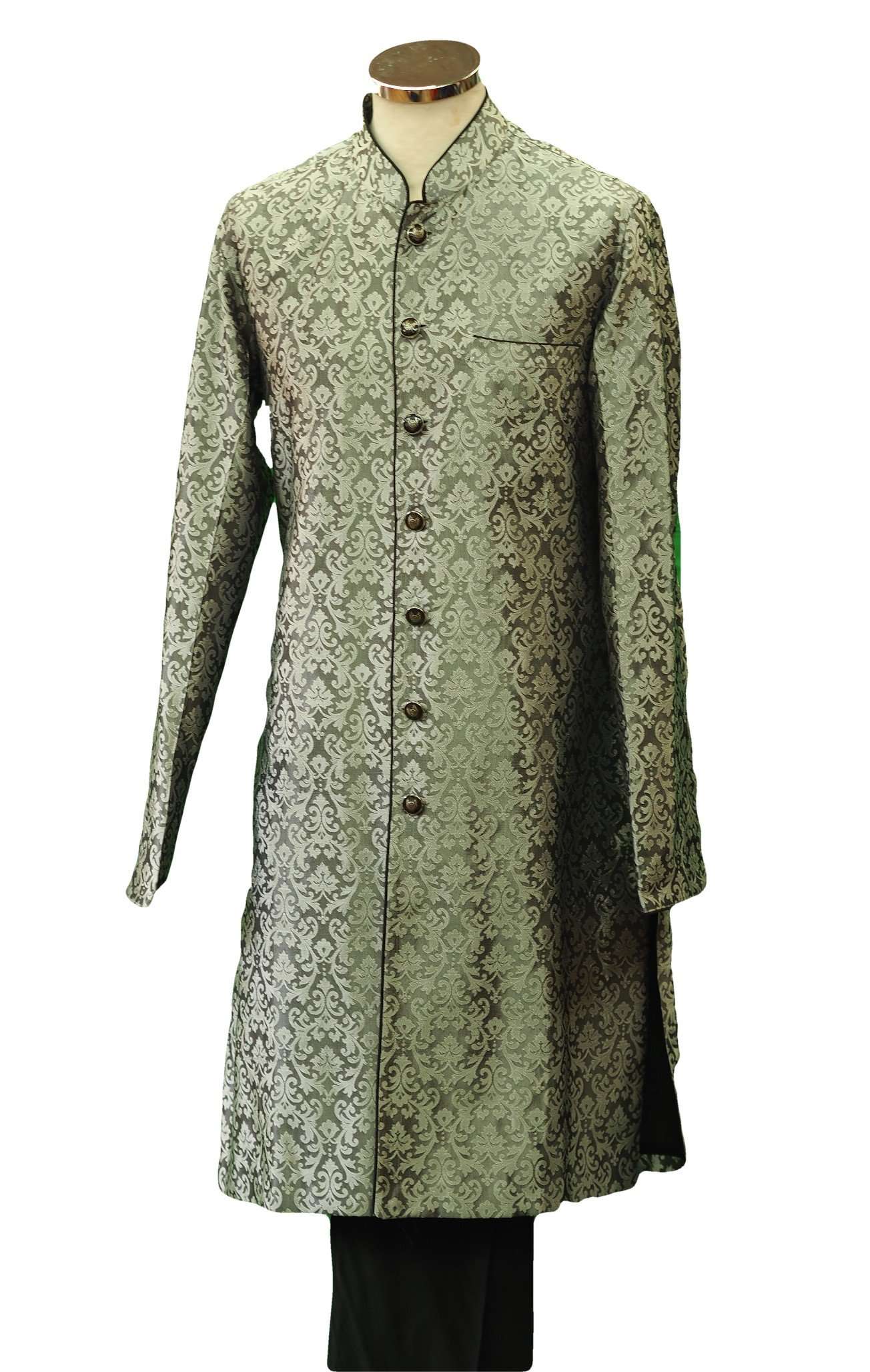 Mens Indian Light Sherwani set in Black / Silver Brocade for weddings, Bollywood Party ( with Draw stringed trousers) - DD180801JV - Prachy Creations