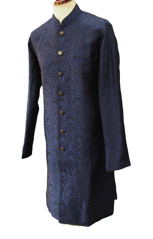 Mens Indian Light Sherwani set in Navy Brocade for weddings, Bollywood Party ( with Draw stringed trousers) - DD180802JV - Prachy Creations