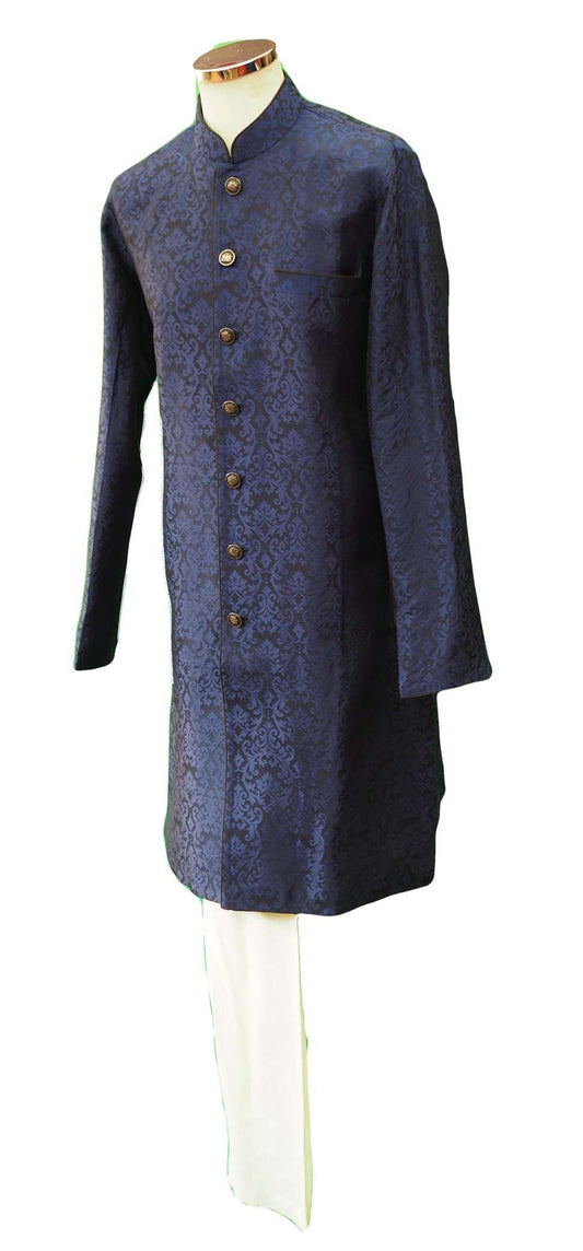 Mens Indian Light Sherwani set in Navy Brocade for weddings, Bollywood Party ( with Draw stringed trousers) - DD180802JV - Prachy Creations