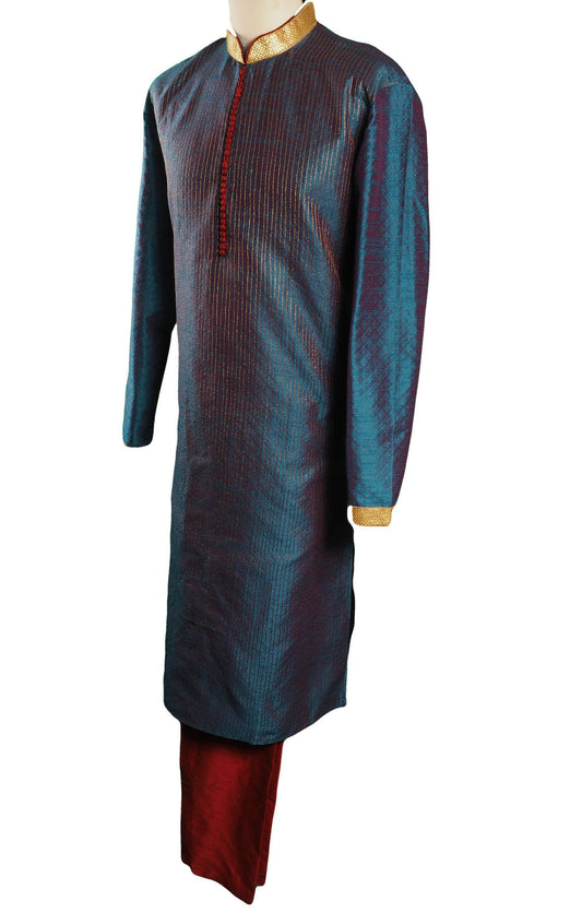 Turquoise Blue Mens Indian Kurta set for weddings and Bollywood Party ( incl Draw stringed trousers) - Getz VT0218 - Prachy Creations