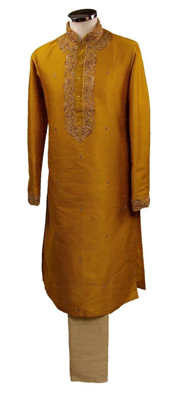 Classy Raw silk kurta set with antique embroidery on the neck and sleeves - CK 1800 - Prachy Creations
