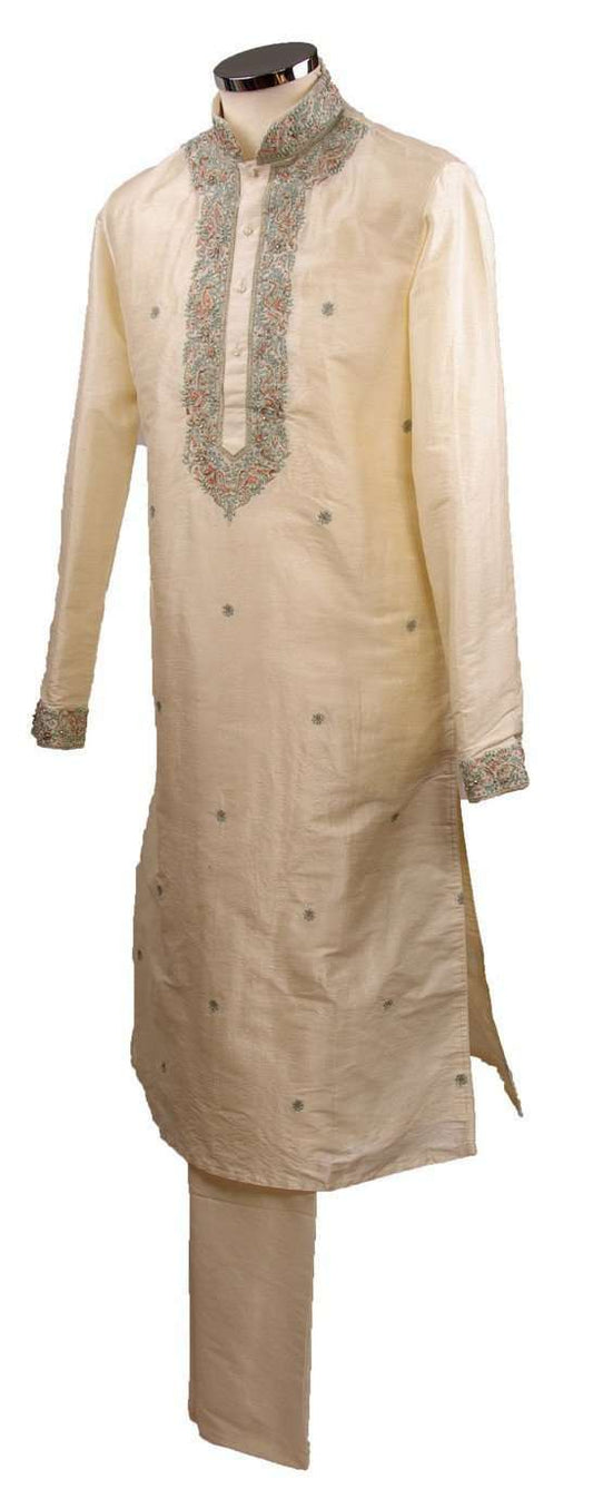 Classy Raw silk kurta set with antique embroidery on the neck and sleeves - CK 1800 - Prachy Creations
