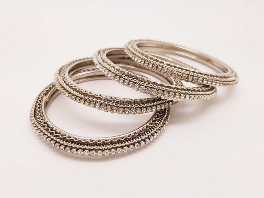 Set of Silver Finish Clear stone bangles (set of 4) - JAN1604KP-SIL-CLR - Prachy Creations