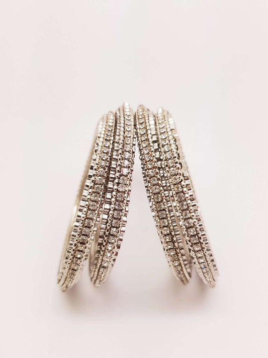 Set of Silver Finish Clear stone bangles (set of 4) - JAN1604KP-SIL-CLR - Prachy Creations