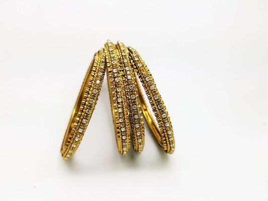 Set of Antique Finish LCT Gold / Clear stone bangles (set of 4) - JAN1604KP-LCTCLR - Prachy Creations