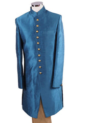 Mens Turquoise Blue Sherwani set - With Gold Churidar Trousers - Bollywood Party Weddings - JRT1901 TC0419 - Prachy Creations