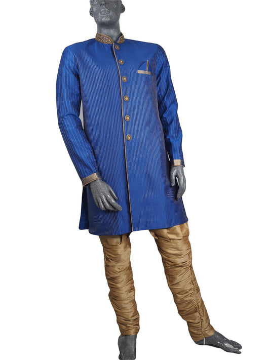 Mens Indian Sherwani Kurta set in Blue (with gold trousers) -Mahajan VC0819 - Prachy Creations