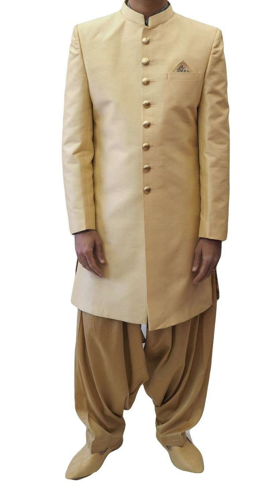 Prachy Creations-Mens Ivory Gold Sherwani set - With Salwar - Bollywood Party Weddings - VFEW859JY - Prachy Creations