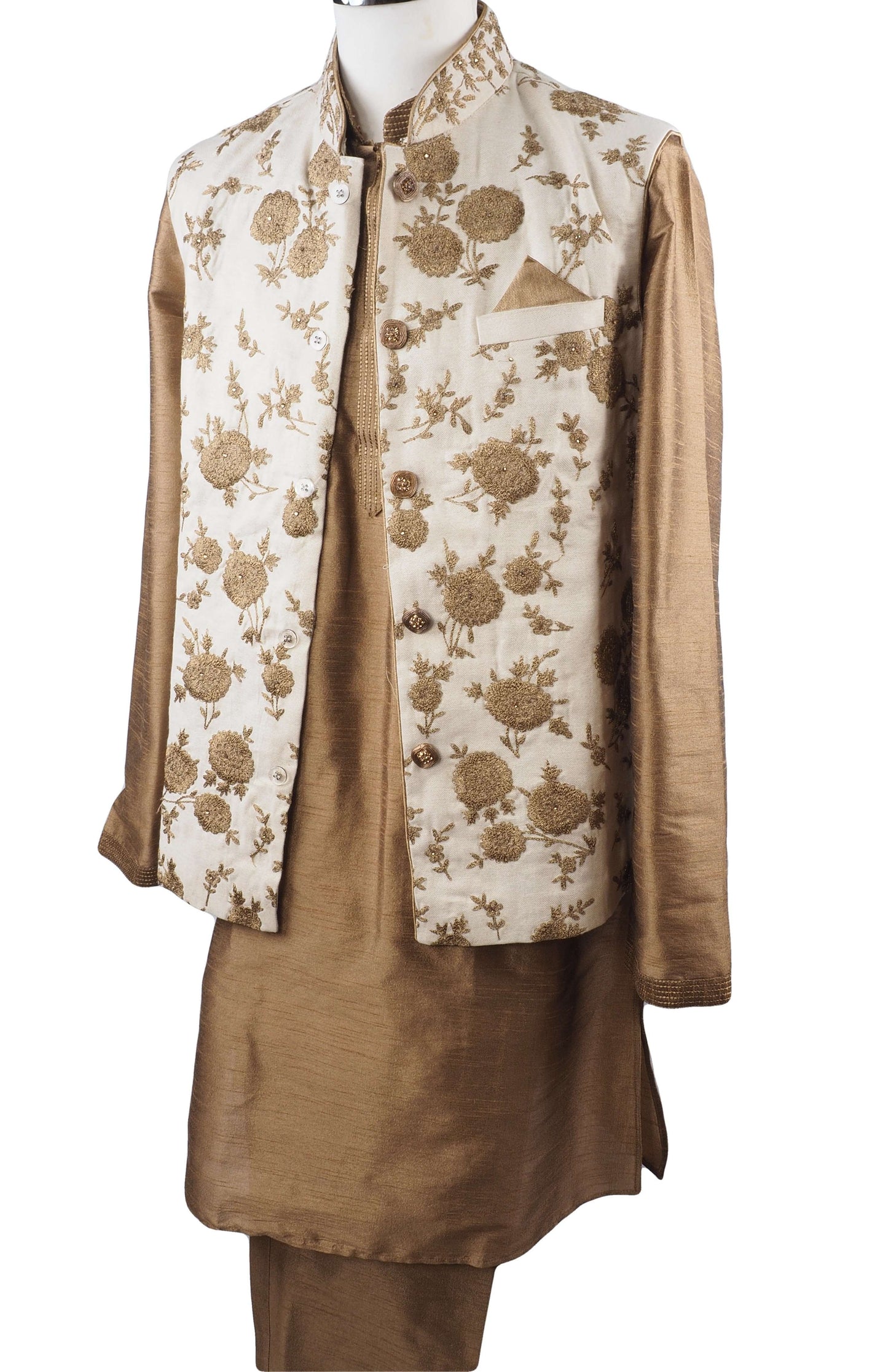 Gold Raw silk Kurta set with Jute Embroidered waistcoat - Bollywood, Weddings, Fancy Dress - SNC597CP - Prachy Creations