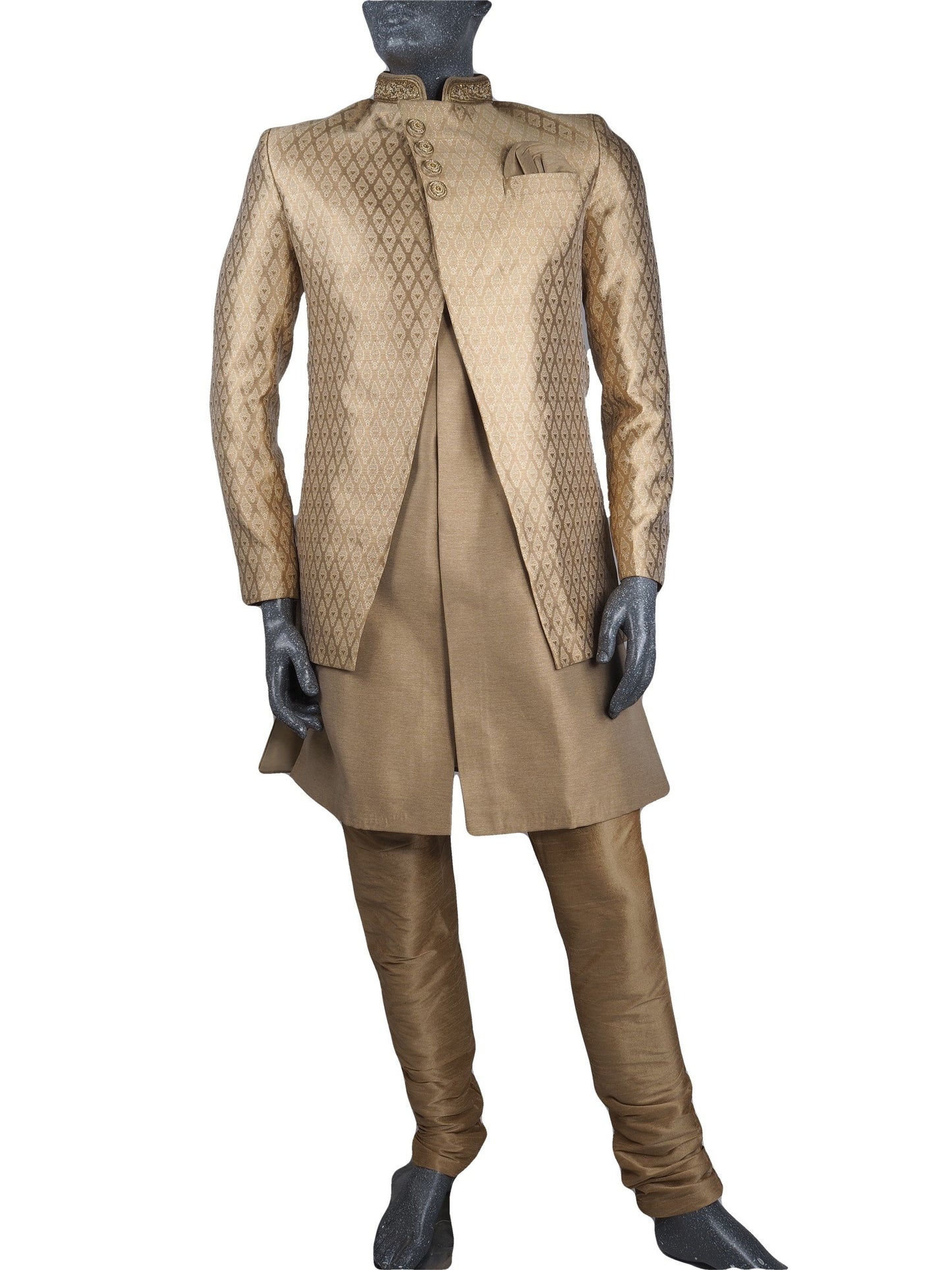Mens Gold Brocade Sherwani set - With gold Churidar trousers - Bollywood Party Weddings - VFEW1901 KYY0819 - Prachy Creations