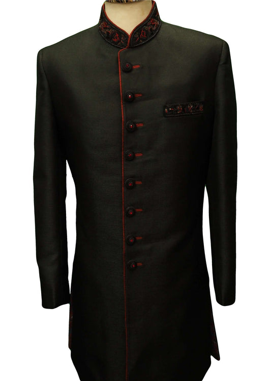 Mens Black Sherwani set - With red Churidar trousers - Bollywood Party Weddings - VFEW852 HY0819 - Prachy Creations