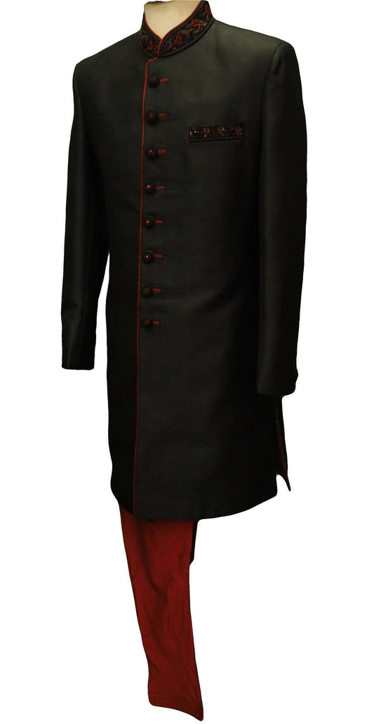 Mens Black Sherwani set - With red Churidar trousers - Bollywood Party Weddings - VFEW852 HY0819 - Prachy Creations