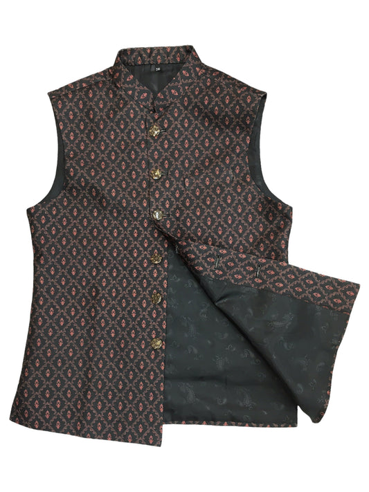 Black - Premium Handloom Brocade Mens Waistcoat - Amazing Fit - DG2204 KJ 0522 - Prachy Creations