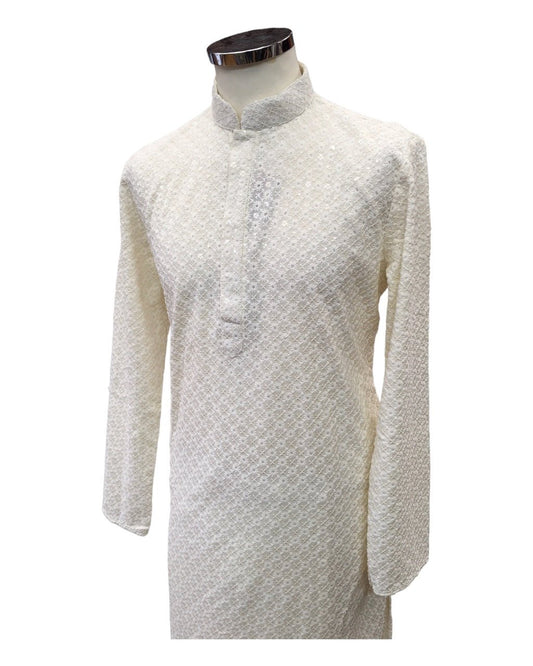 Cream Rich Lucknowi Cotton Mens Kurta Set - UK Stock - 24h Dispatch - MAHARAV VA 0223 - Prachy Creations