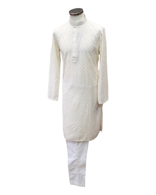 Cream Rich Lucknowi Cotton Mens Kurta Set - UK Stock - 24h Dispatch - MAHARAV VA 0223 - Prachy Creations