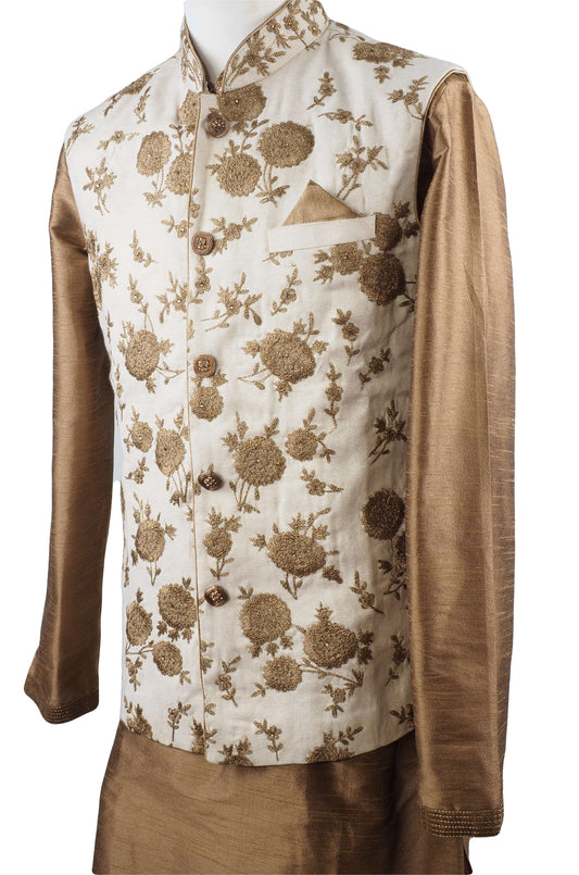 Gold Raw silk Kurta set with Jute Embroidered waistcoat - Bollywood, Weddings, Fancy Dress - SNC597CP - Prachy Creations