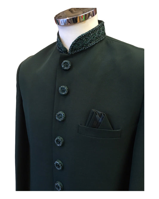 SALE ! Stunning Bottle Green Self Coloured Embroidery Sherwani with Cream Trousers - SHU2302 JR0123