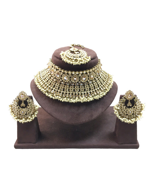 Pearl / Gold - Large Bridal Necklace set with Earrings - KE2301 TP 0323