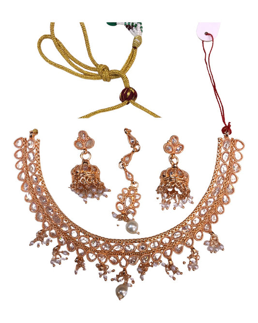 Clear White Stones - Medium Size Antique Finish Necklace Set with Earrings - HR1011 KK 1122