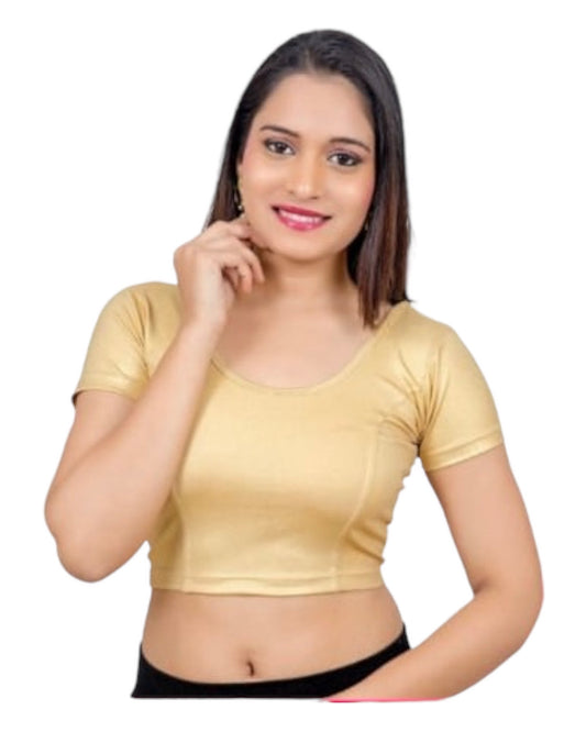 Short Sleeve Ladies Gold Lycra Saree Lehenga Blouse - Magic Saree Blouse - X Small to XXL - UK Stock V015