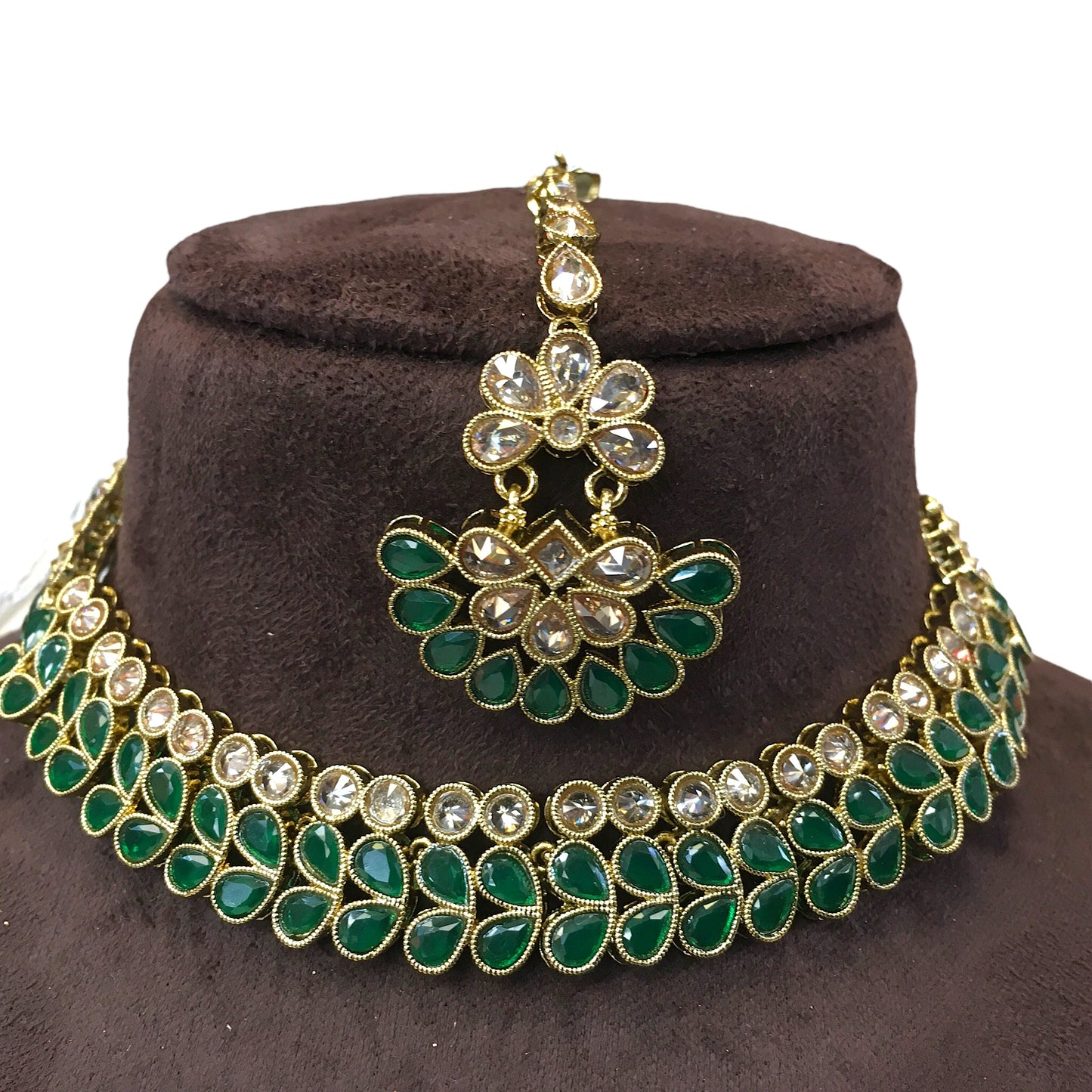 Green - Reverse Stone Necklace set with Earrings - AE2214 KP 0422