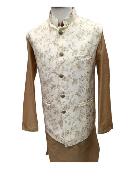 Cream - Banarasi Pure Brocade Mens Waistcoat - Bollywood - KCS2226 KA 0722