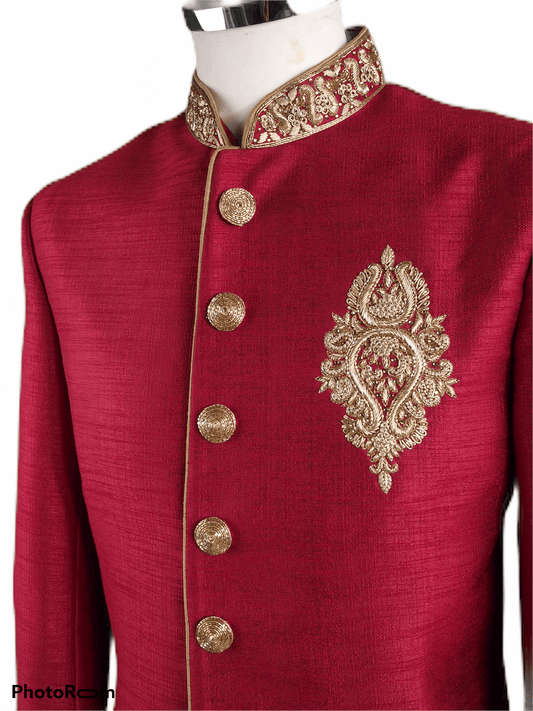 Mens Raw Silk Red Sherwani - VL1908 AV1119 - Prachy Creations