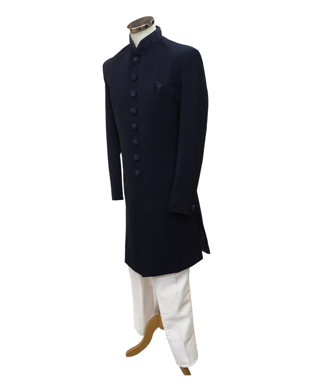 Stunning Navy Blue Self Coloured Embroidery Sherwani with Cream Trousers - SHU2301 JR0123