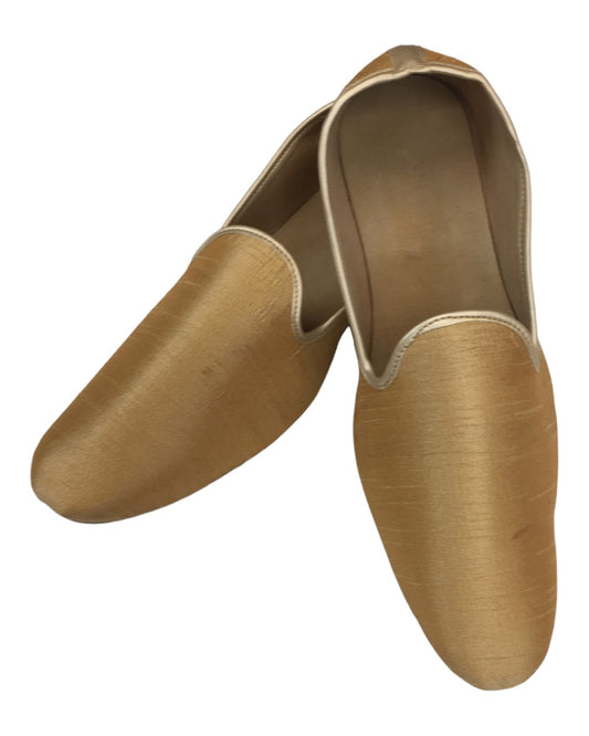 Very comfortable Gold Raw Silk Loafer style Mojri - Indian Mens shoes - Mojari, Khossay - YD2211 A