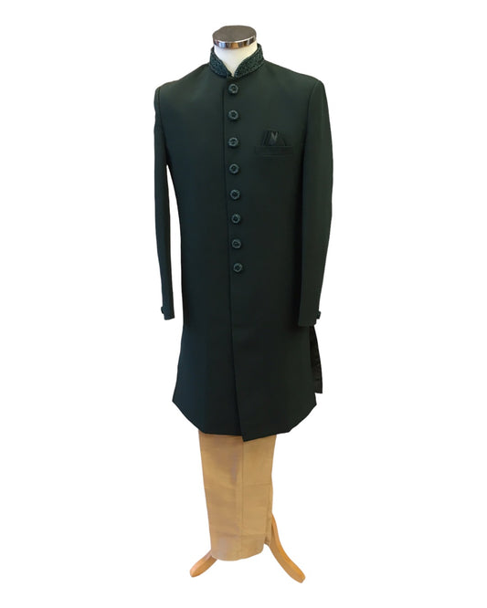 Stunning Bottle Green Self Coloured Embroidery Sherwani with Cream Trousers - SHU2302 JR0123