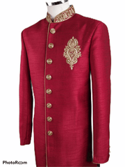 Mens Raw Silk Red Sherwani - VL1908 AV1119 - Prachy Creations
