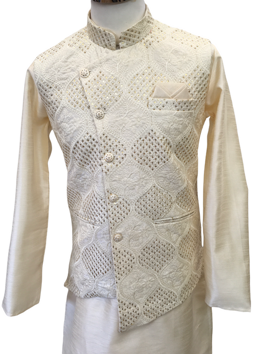 Ivory Gold -  Mens Kurta Set with Rich Brocade Waistcoat  - PALIO JY0322