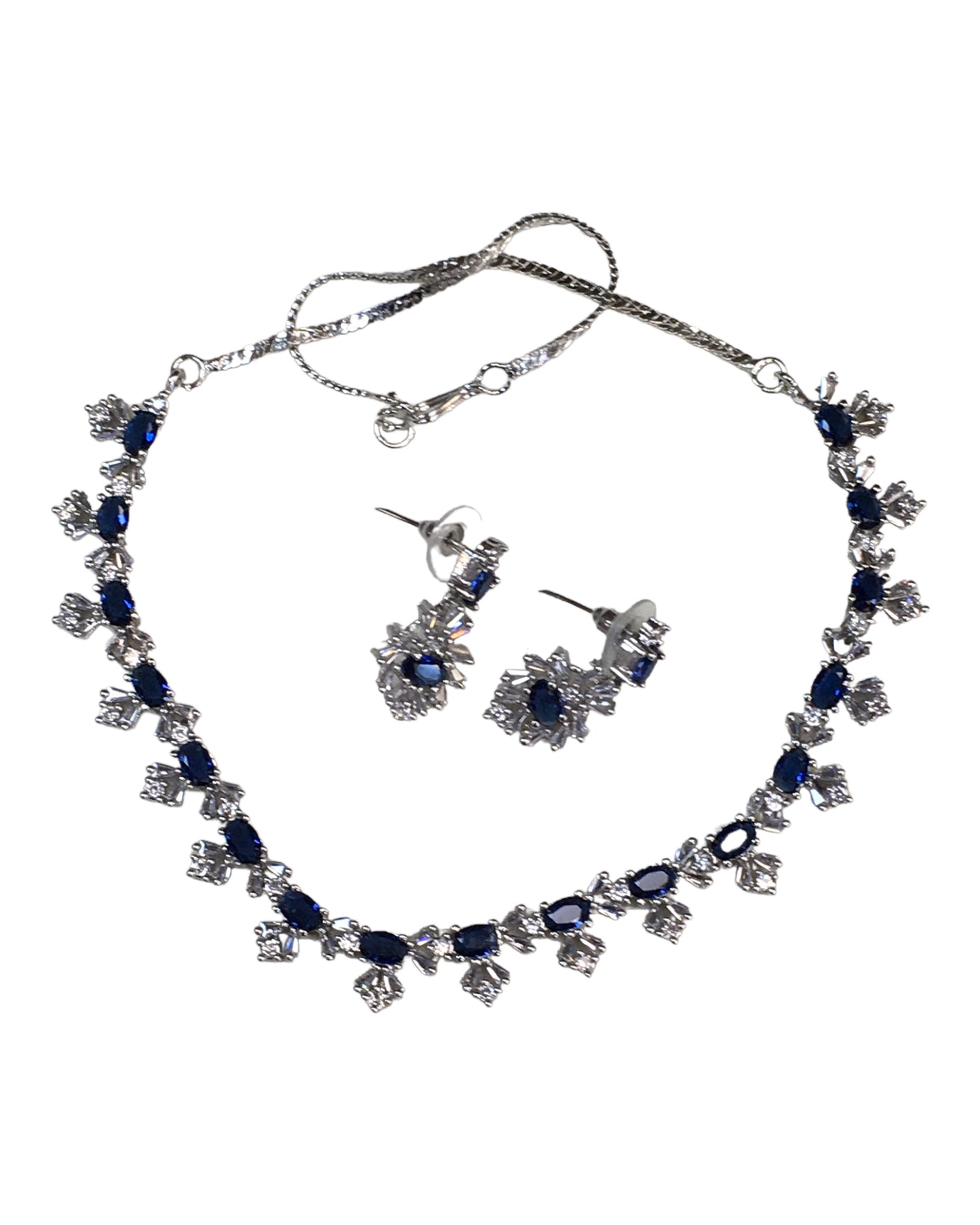 Navy Blue - AD Silver Finish Small Size Necklace Set with Earrings - PMJ11 C 0223