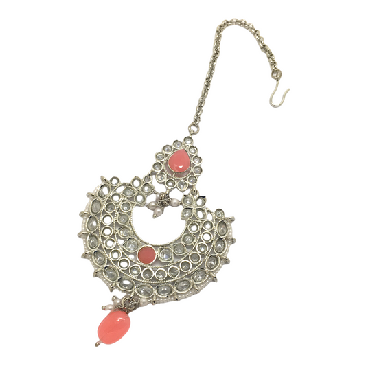Peach - Silver Finish Tika Head Piece - Indian Ladies Fashion Jewellery - PRI1628V 1221