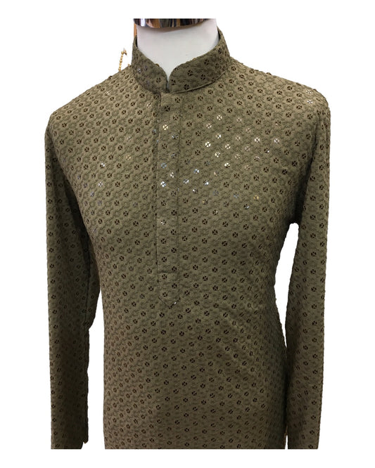 Khaki Brown Lucknowi Mens Kurta Set - UK Stock - 24h Dispatch - MAHARAV VA 0223
