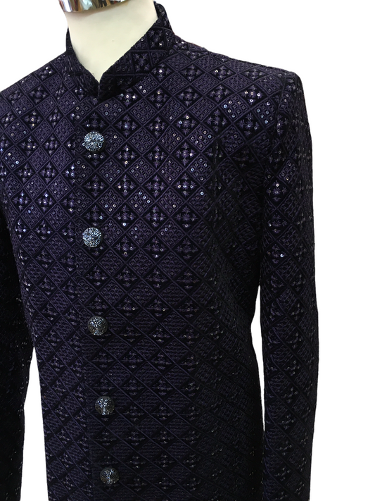 Stunning Navy Blue Lucknowi Sherwani with Churidar Trousers - YD2205 AY0322