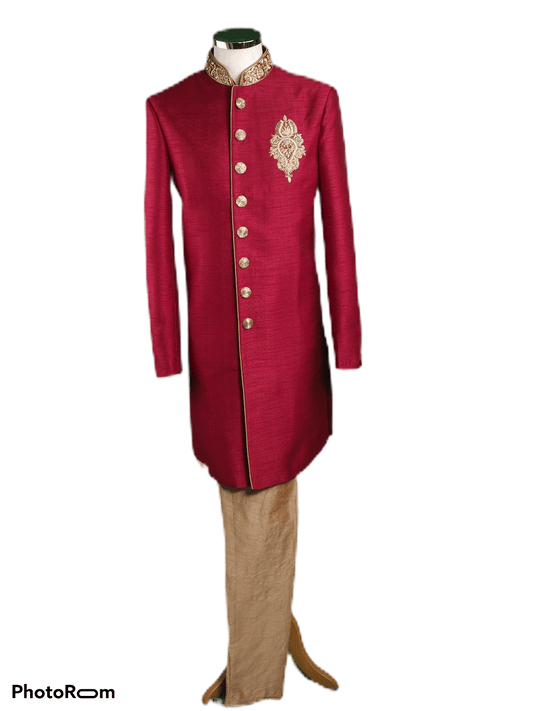 Mens Raw Silk Red Sherwani - VL1908 AV1119 - Prachy Creations