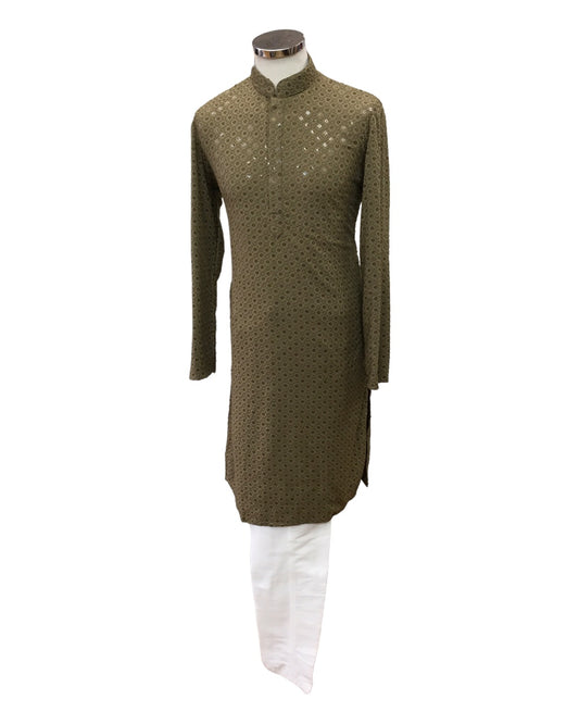 Khaki Brown Lucknowi Mens Kurta Set - UK Stock - 24h Dispatch - MAHARAV VA 0223