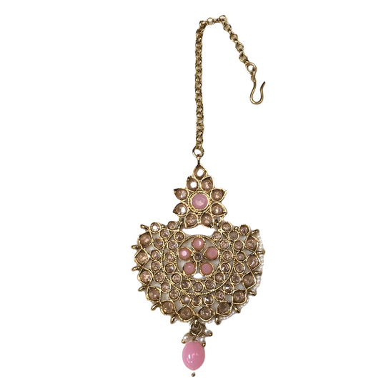 Pink - Gold Finish Tika Head Piece - Indian Ladies Fashion Jewellery - PRI1630V 1221