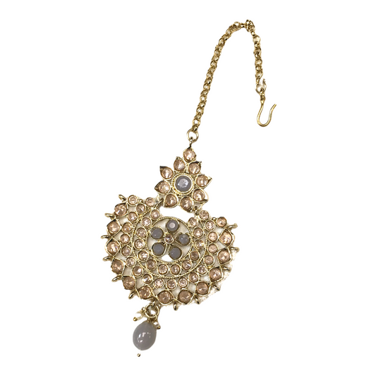 Grey - Gold Finish Tika Head Piece - Indian Ladies Fashion Jewellery - PRI1630V 1221