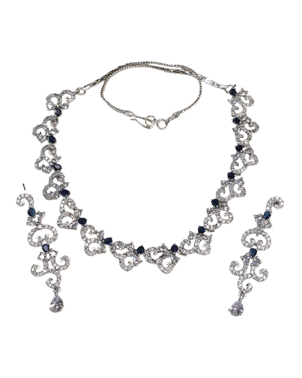 Navy Blue - AD Silver Finish Small Size Necklace Set with Earrings - PMJ02 KY 0223