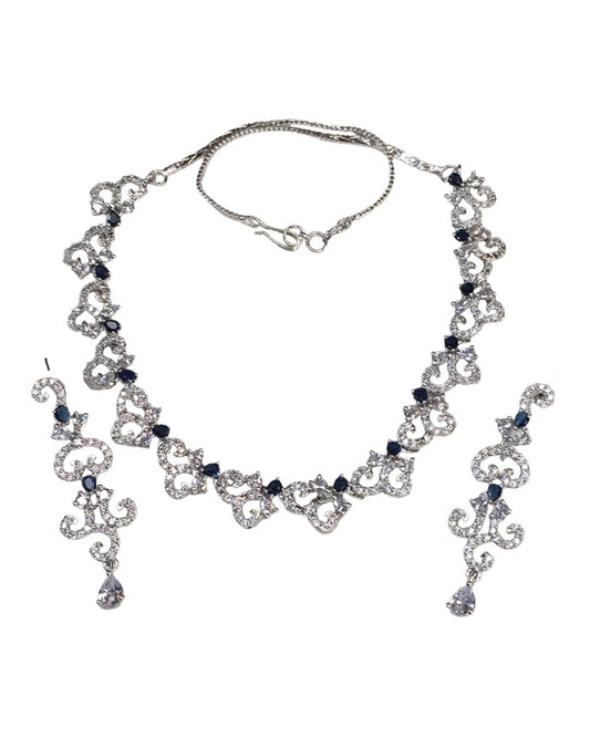 Navy Blue - AD Silver Finish  Small Size Necklace Set with Earrings - PMJ02 KY 0223