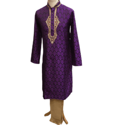 Mens Indian Kurta set in Purple, for weddings, Bollywood Party ( with Draw stringed trousers) - Fusion KA1219 - Prachy Creations