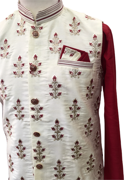 Maroon / Cream -  Mens Kurta Set with Rich Brocade Waistcoat  - MOHRA TT0322