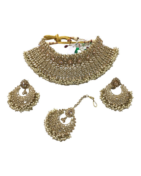 Pearl / Gold - Large Bridal Necklace set with Earrings - KE2301 TP 0323