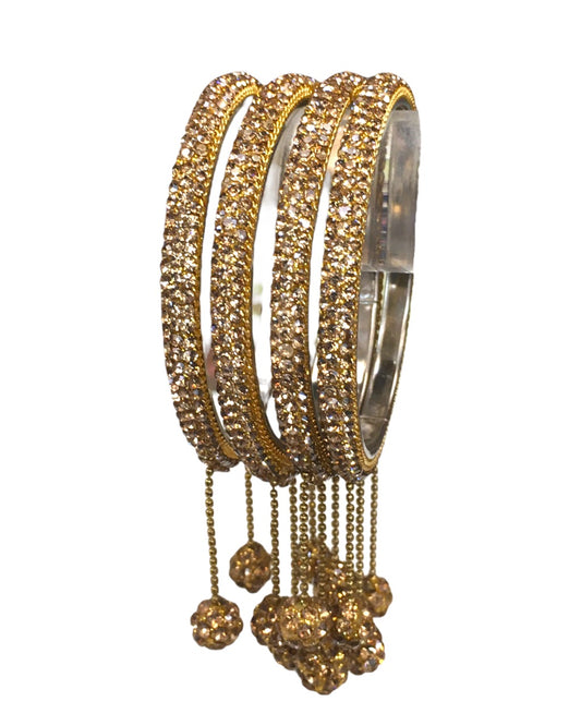 Set of 4 Antique Gold Stone Bangles with Dangle - Bollywood, Weddings D666 J 1022