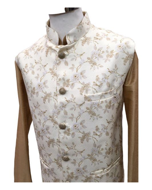 Cream - Banarasi Pure Brocade Mens Waistcoat - Bollywood - KCS2226 KA 0722