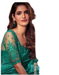 Designer Turquoise Green Saree with Embroidered Contrast  Ready Blouse - ANM3114 TC0122