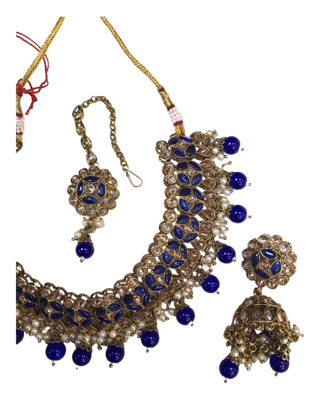 Blue - Medium Size Antique Finish Necklace Set with Earrings - MNA1122 KK 1122