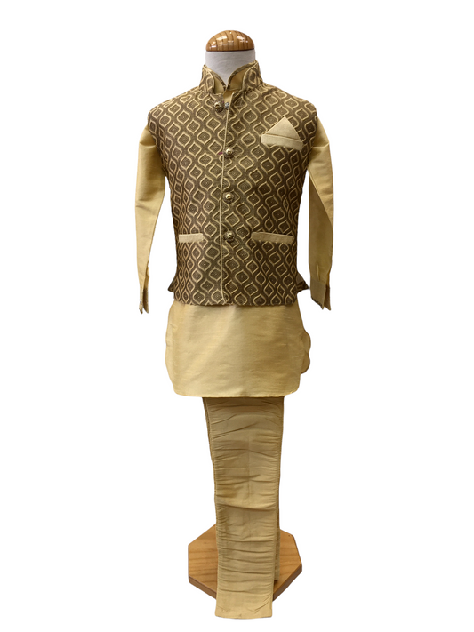 Bollywood / Indian weddings - Boys Antique Gold Brocade Waistcoat and Gold Kurta set - KCS2212KY 0322